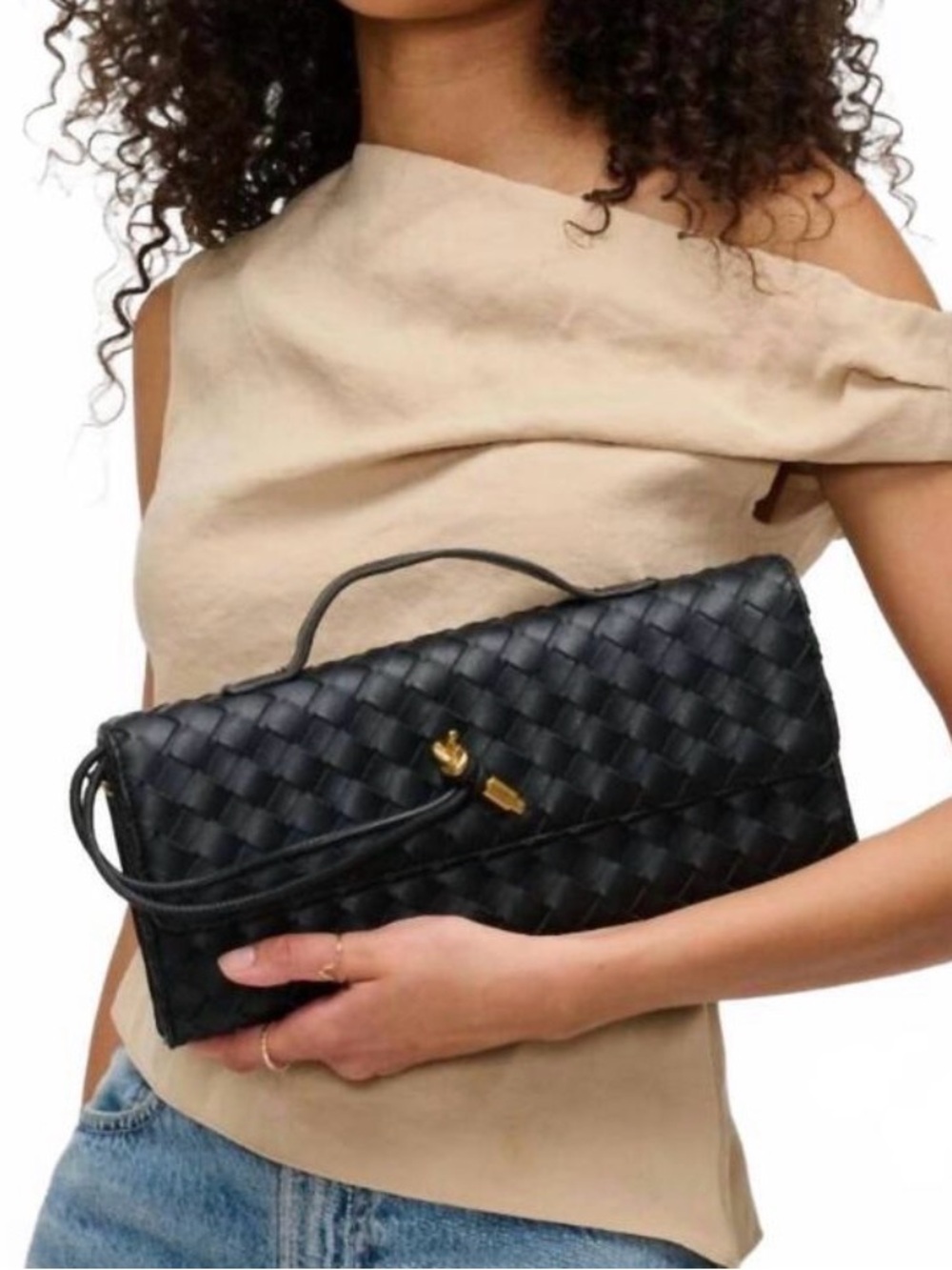 Black Woven Leather Top-Handle Clutch with Gold Hardware
